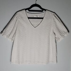 Draper James White Eyelet Short Sleeve V Neck Blouse Top